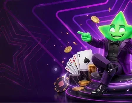 LuckyBoom-mascotte met speelkaarten en munten